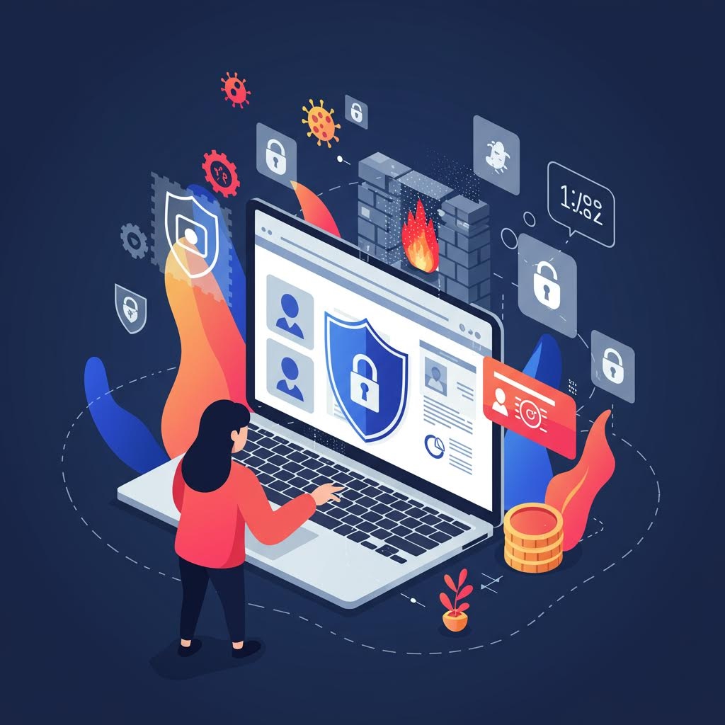 보안 아이콘이 나타난 큰 노트북 화면 앞에서 인물이 설정을 확인하고 있으며 주변에 방화벽·자물쇠 등의 요소가 배치되어 안전한 계정 보호 흐름을 표현한 화면이다