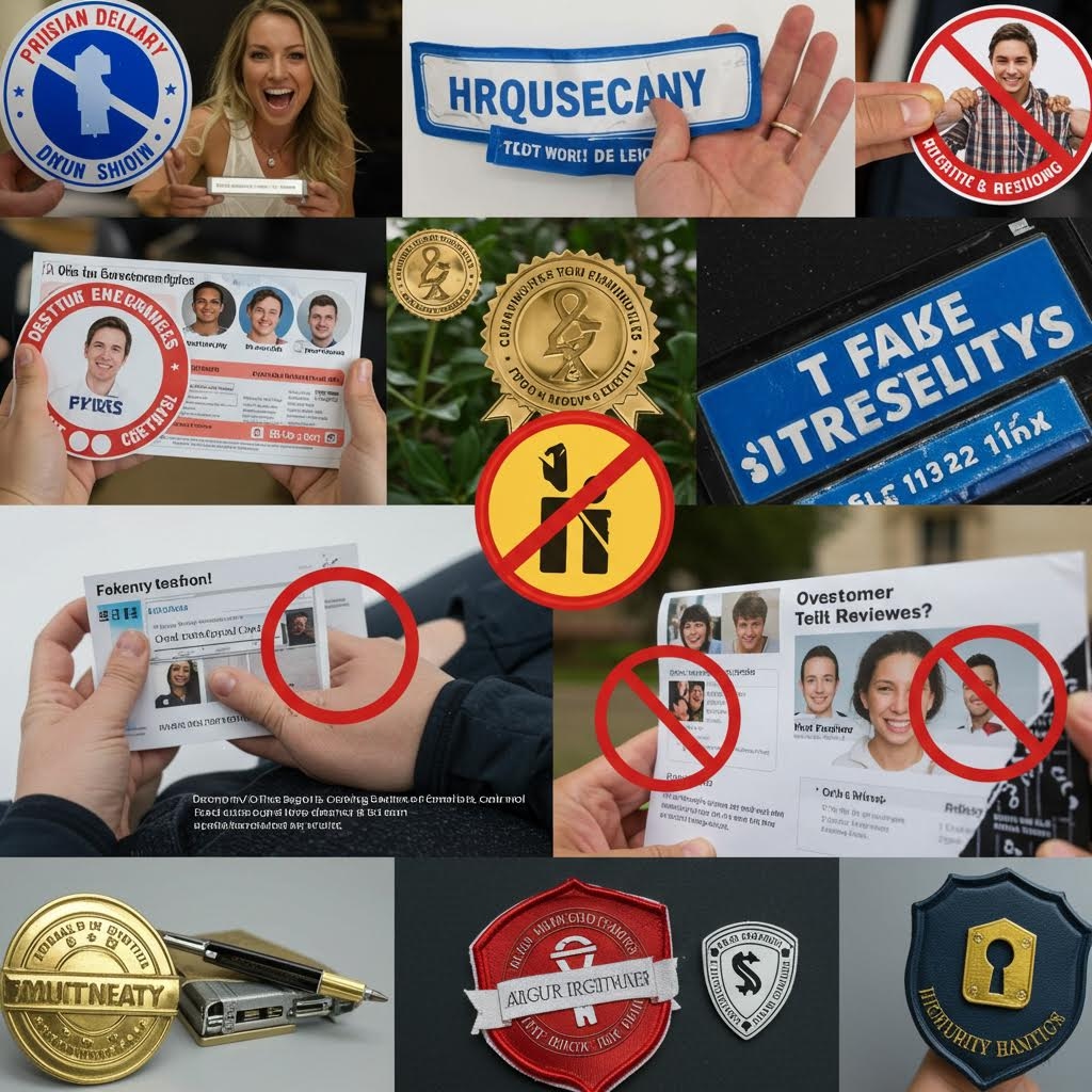 여러 인증 배지와 경고 표시, 가짜 리뷰 이미지에 붉은 금지 표시가 더해져 진위 검증과 부정 방지 메시지를 상징적으로 드러내는 구성이다