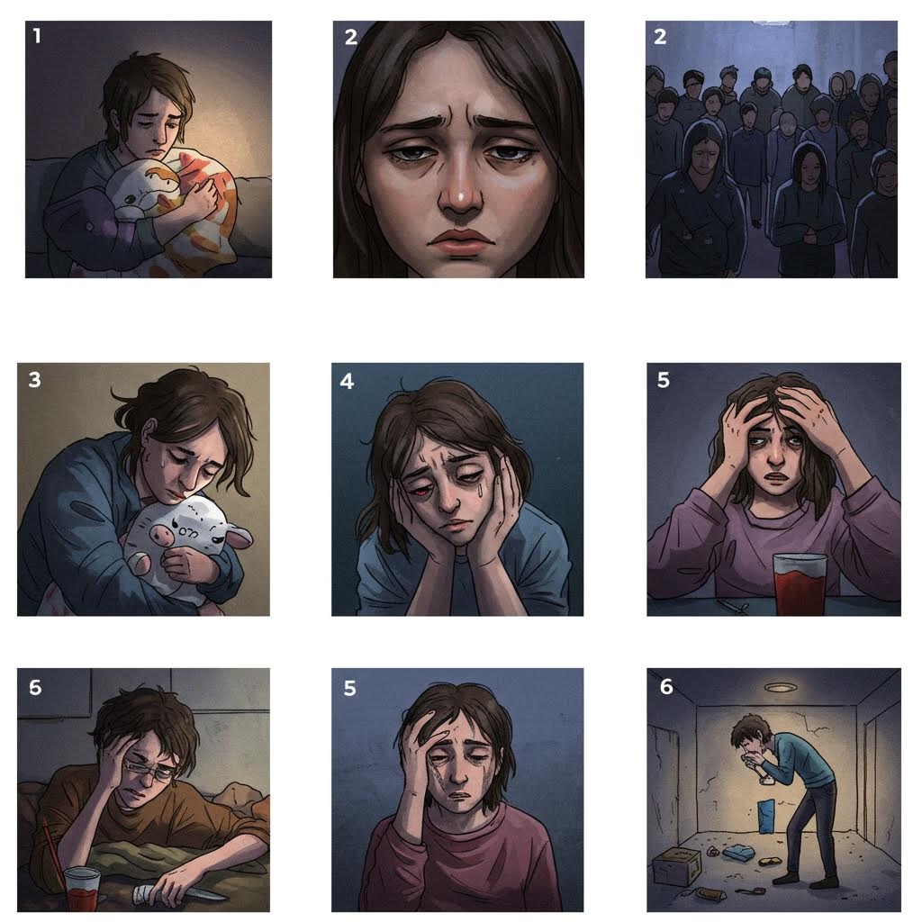 여러 장의 그림 속에서 한 인물이 불안과 후회로 고통받는 표정을 반복적으로 보이며 주변 상황 변화와 심리적 압박이 단계적으로 드러나는 장면이다