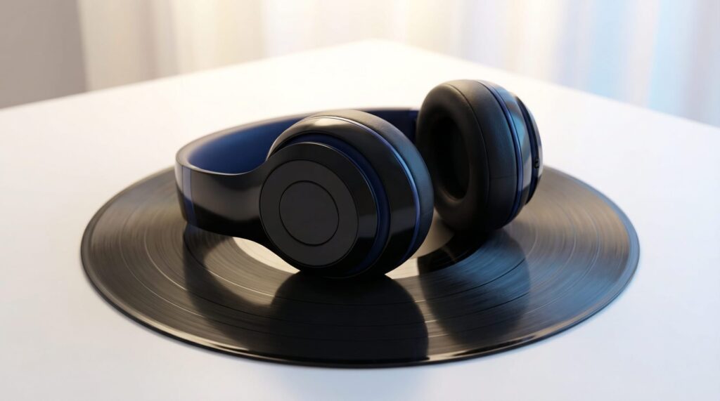 Headphones resting on a vinyl record, representing careful listening when comparing original, remastered, remixed, and live audio versions.