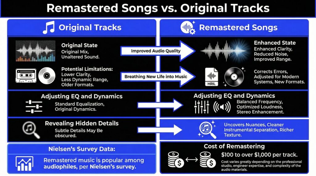 Infographic comparing original tracks and remastered songs, showing how remastering can improve clarity, balance EQ, adjust dynamics, and reveal hidden audio details.