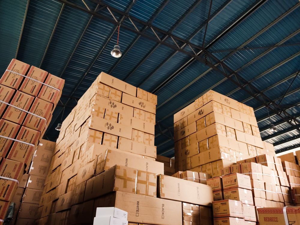 Warehouse storing imported products before international distribution.