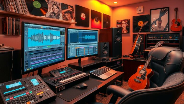 A music production studio with audio waveforms on monitors, instruments, and speakers, representing the process of comparing and remastering different audio versions.
